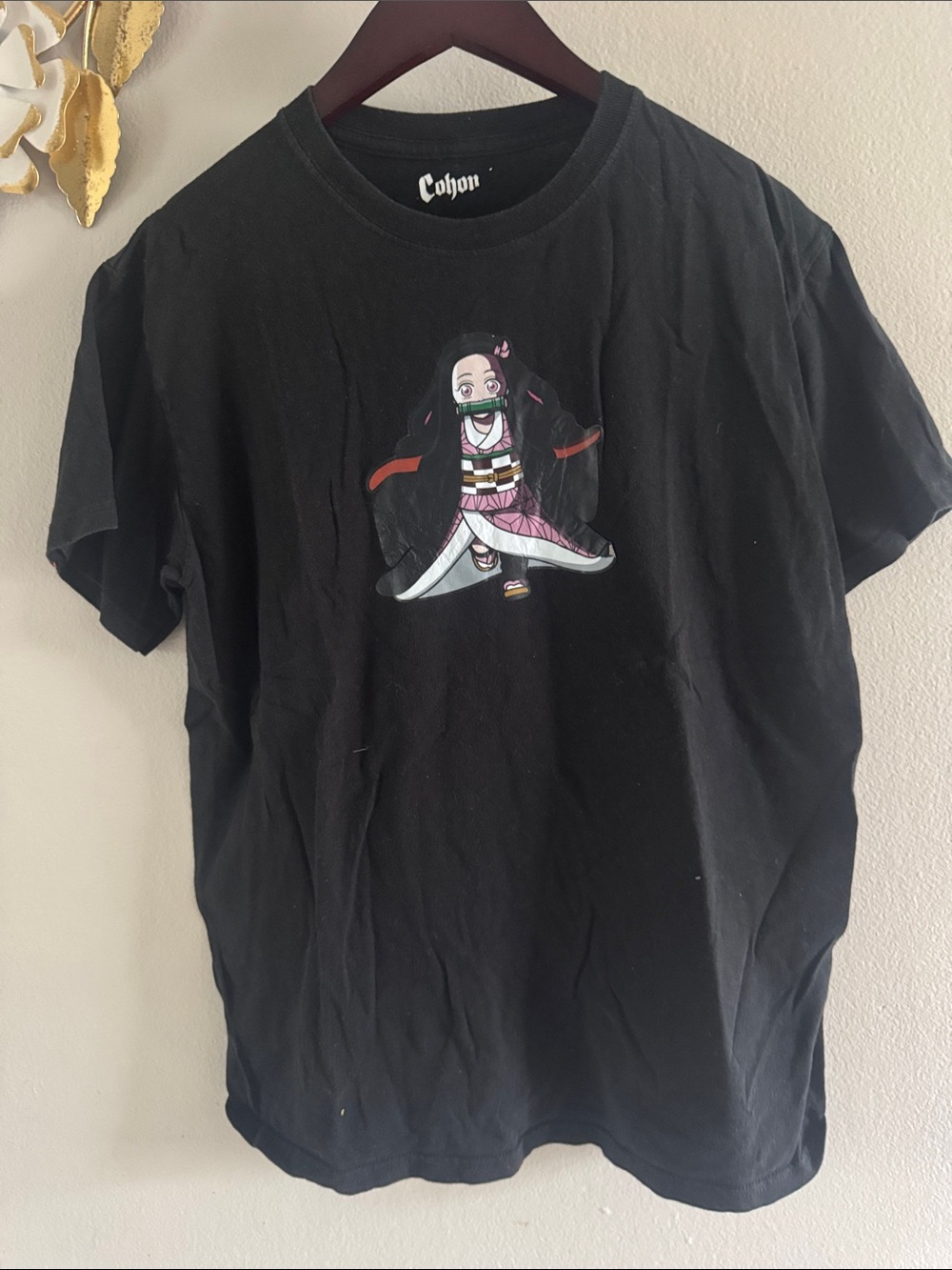 Black Graphic Polo-Style Tee with Anime Print